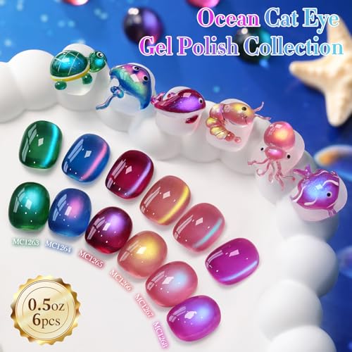 Double Rhythm Cat Eye Gel Nail Polish Set of 6 Same Color Same Bottle 0.5 Oz Shimmer Glitter with Magnet Holographic Reflective Magnetic UV Nail Polish Kit at Home (Glass Galaxy Green-T6-59) - color: Glass Aurora