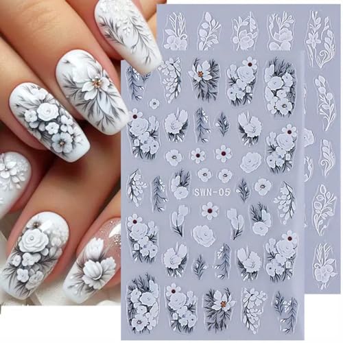 Flower Nail Art Stickers Decals 5D Embossed White Flowers Nail Decals 4PCS Floral Leaf Nails Design Adhesive Flower Stickers for Nails Manicure Accessories for Women Summer Fall Nail Art Decorations - style: style3