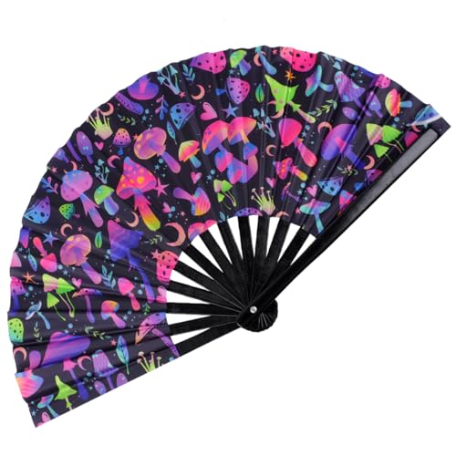 Large UV Glow Rave Fan, Line Dance Clap Folding Fan Clack Folding Hand Fan for Dancing, Halloween, Music Festival, Club, Dance, Party(Small Mushrooms) - color: Small Mushrooms