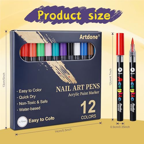 Artdone 12 Colors Nail Art Pens Set, 3D Quick-Drying Acrylic Paint Markers Nail Point Graffiti Dotting Drawing Liner Brush for DIY Gel Nail Polish Design Manicure Tools - color: 12 Colors Marker Pen Set