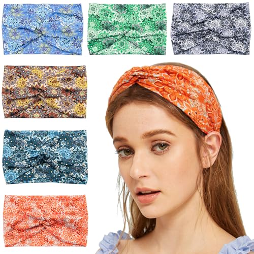 Headbands for Women, Criss cross Wide Hair Bands, Elastic Thick Head Bands, Stretchy Soft Sports Sweat Bands for Workout Running Gym, Twist Knotted Cloth Turban Hair Accessories 6Pcs - color: Criss Cross