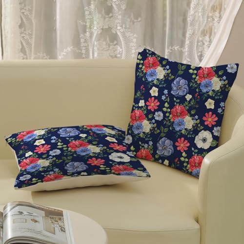 4th of July Floral Pillow Covers 18x18 Pack of 2,Boho Blue Red Flower Throw Pillow Covers Independence Day Floral Decorative Pillowcase Farmhouse Square Cushion Cover for Couch Sofa Outdoor - color: Blue Red Floral-1, size: 18" x 18" (Pack of 2)