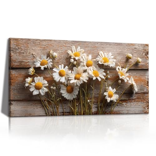 KZKU Wall Art Floral Canvas Print Rustic Daisy Painting Farmhouse -White Flowers on Weathered Wood Background- Modern Hmoe Decor for Living Room Bedroom 20X40in - color: brown, size: 40"L x 20"W