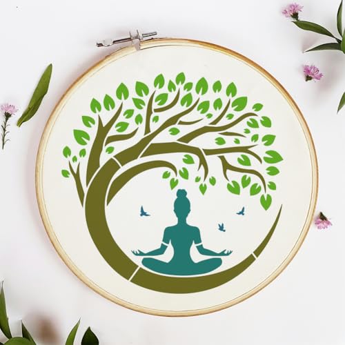 FINGERINSPIRE Tree of Life Stencil with a Paint Brush 11.8x11.8Inch Reusable Yoga Practitioner Stencil PET Birds Yoga Decoration Template Plant Theme Template for Wood Wall Floor Furniture - style: Yoga with Tree of Life