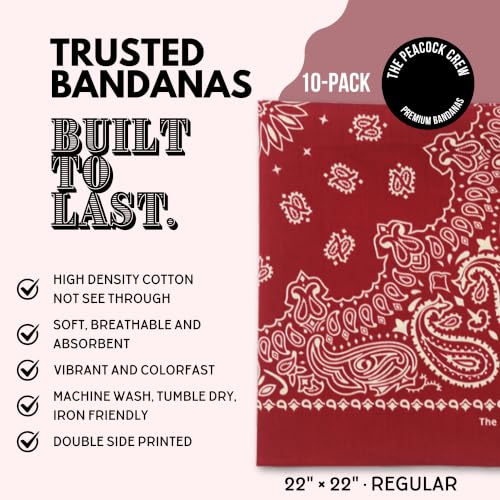 The Peacock Crew Premium Soft Cotton Bandanas Pack for Men and Women Paisley 22 x 22 inches - color: Pack of 10 Burgundy