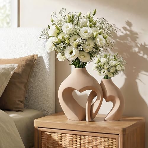 Ceramic Flower Vases Home Decor Heart Shaped Vase Set of 2 - color: Brown