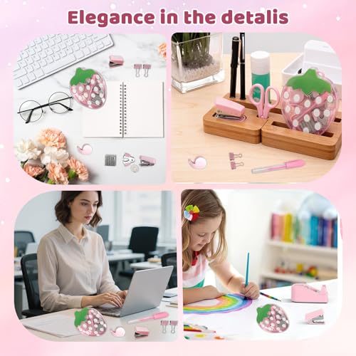 Strawberry Mini Office Supply Kit, Pink, with Stapler, Tape Dispenser, Scissors, Hole Punch, Binder Clips, Sticky Notes and Staples