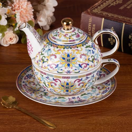 KAMMAK Tea for One Set, Ceramic Teapot, Bone China Tea Set, Cup and Saucer - color: White