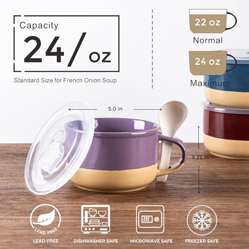 GBhome Ceramic Soup Mugs with Handles and Lids,24 OZ Soup Cups Set of 2 - color: Green&Purple