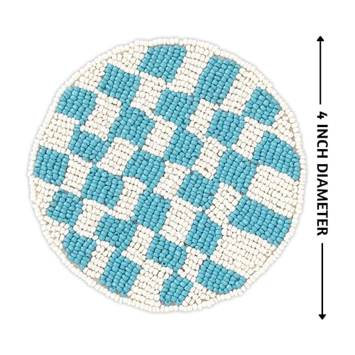 Folkulture Coaster for Drinks | (4") Pack of 4 Multicolor Boho Coasters | Cute Round Boho Coaster | Beaded Drink Coasters for Coffee Table Decor | Round, Beaded, Hand Wash Only - color: Dancing Check