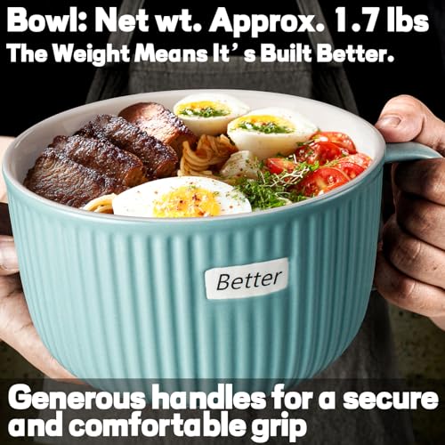 Artena 38 oz Soup Bowls with Handles, Lids, Spoons & Chopsticks – 6 Inch Large Microwave Safe Ceramic Ramen Bowls, Soup Mugs & Cereal Bowls for Instant Noodles, Oatmeal, Meal Prep (Teal-Set of 2) - color: Teal-Set of 2