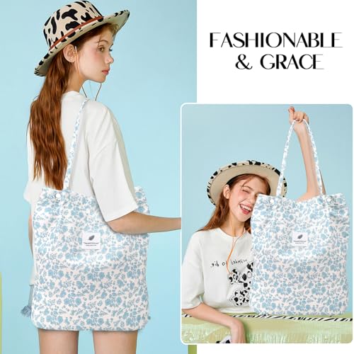 Ayieyill Corduroy Tote Bag for Women Canvas Shoulder Cord Purse with Inner Pocket - color: Blue/Flower