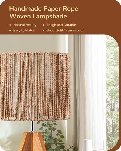 EDISHINE Small Rattan Table Lamp, Wood Tripod Bedside Lamp, 14.2", E26 Base - color: Rosewood Color&Vertical Stripe Shade