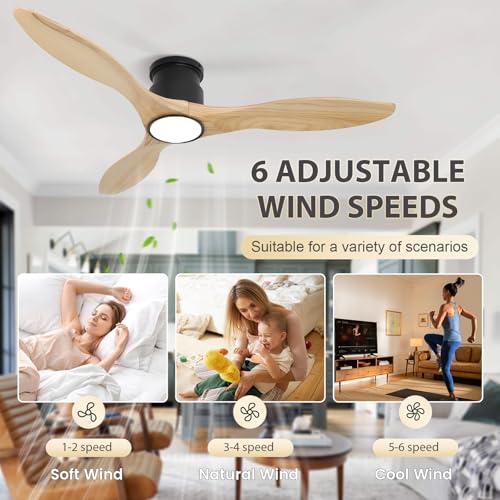52" Ceiling Fan, Solid Natural Wood Low Profile Flush Mount - color: Flush Mount - Natural wood - pointed