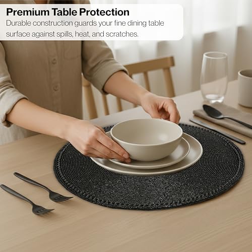 Beaded Round Placemats - Beaded Table Mats with Polyester Backing for Dining Table, Wedding, Christmas, Holiday, Party Decor - Handmade Glass Bead Charger 13" (Black) - ALPHA Living HOME - color: Black, size: Set of 1