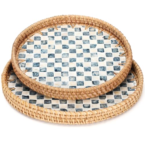 2 Pack Round Rattan Tray with Mother of Pearl Inlay Rattan Serving Tray for Coffee Bread Fruits Decorative Wicker Serving Platter for Table Home Kitchen Decor Blue Checkerboard Style, 2 Size - color: Blue Checkerboard, size: 2 Size