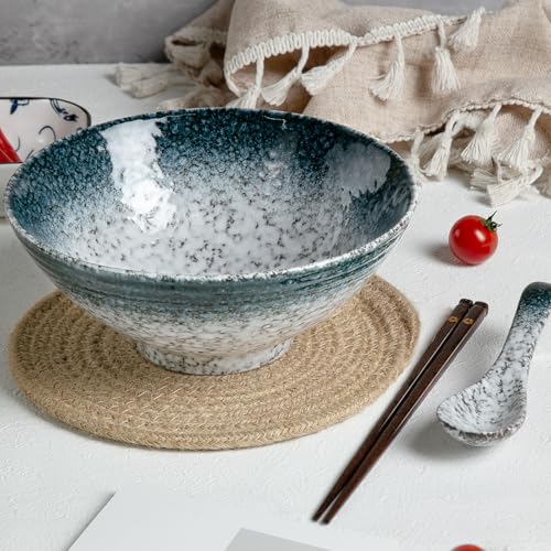 40 oz Ceramic Ramen Bowl Set of 2, Ramen Noodle Bowl with Spoons and Chopsticks 8 Inch Japanese Retro Style Large Soup, Pho, Udon Bowls, Microwave & Dishwasher Safe, Stone - color: Stone