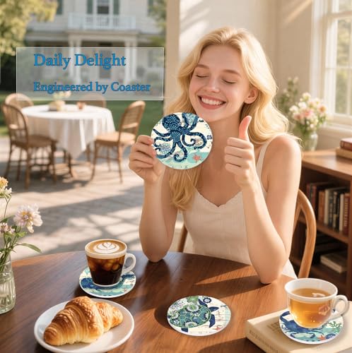 Nikyi 6 Pcs Coastal Marine Life Ceramic Drink Coasters, Absorbent Round Coaster with Cork Base & Metal Holder, Coastal Ocean Theme Coasters for Coffee Table Office Home Decor & Housewarming Gifts - color: Coastal Marine Life