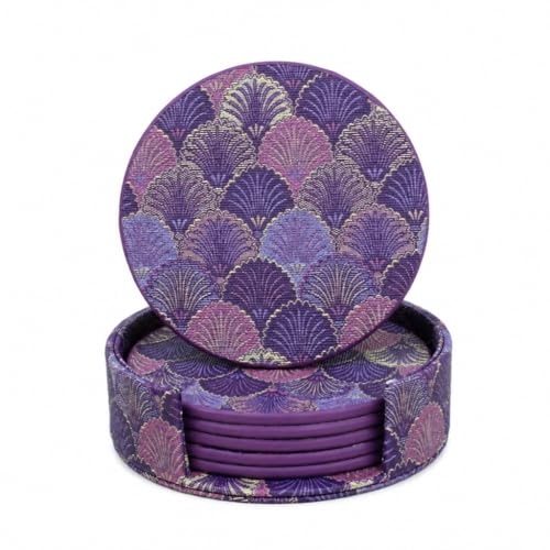 Art Deco Coasters Set of 6 with Holder, Purple - color: Purple