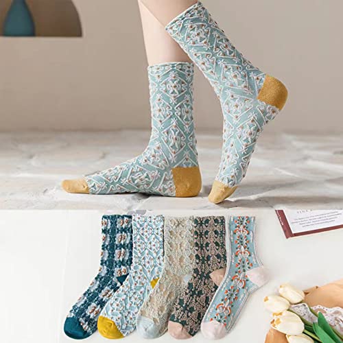 DXYAKY 5 Pairs Womens Floral Cotton Socks Vintage Patterned Crew Socks Novelty Ankle Ruffled Warm Casual Dress Socks - color: 5 Pairs - Blue