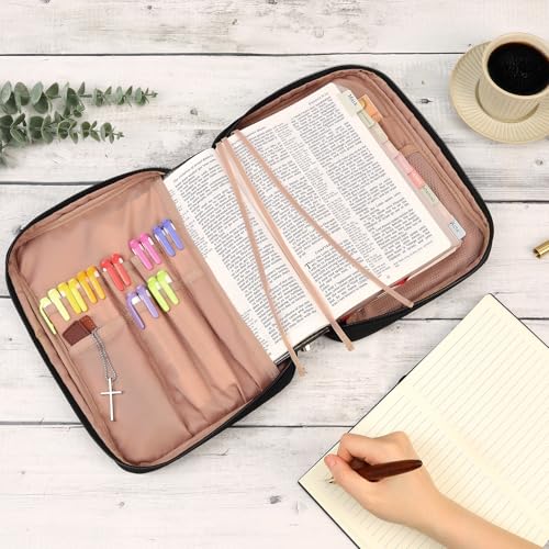FINDCOZY Bible Cover for Women, Durable Carrying Book Case Church Bag for Biblical Accessories with Handle and Zippered Pocket, for Scriptures, Black - color: Black, size: Medium