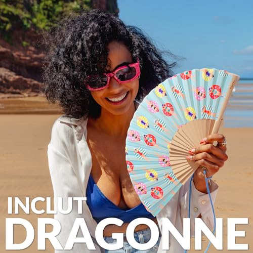 Fisura – Original “Swimmers” Folding Fan. Blue Wooden Handheld Fan for Women with Hanger. Lightweight Accessory for Weddings, Birthdays, Parties, Festivals and Unique Summer Gift Ideas. - color: Swimmers
