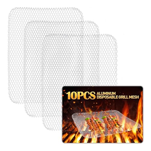 10 Pcs Disposable Grill Topper,16x12 Inch Grill Mesh Mat Disposable Pans,Non-Stick BBQ Aluminum Mats for Outdoor Grills, Easy to Clean
