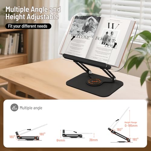 Acrylic Book Stand for Reading Hands Free - Adjustable 360° Rotating Cookbook Holder with Elastic Page Clips & Foldable Base, Multi-Angle Desktop Display Stand for Recipes, Laptops, Tablets, Bibles - color: Black
