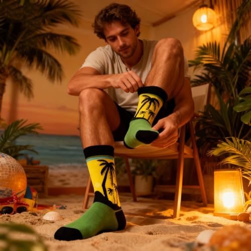 Colorful Funny Novelty Dress Socks for Men Women Teens Fathers Day Casual Fun Crazy Funky Graphic Crew Socks - color: 5 Pairs - Funny Novelty Themed - Astronaut American Flag Star & Green Crocodile & Trout Fish Illustration & Palm Tree & Desert Cactus Sun