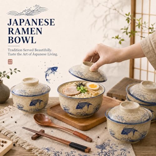 LemonRoad 25oz Ramen Bowls Set of 4 Japanese Dinnerware Set with Lid, Fish - style: Fish