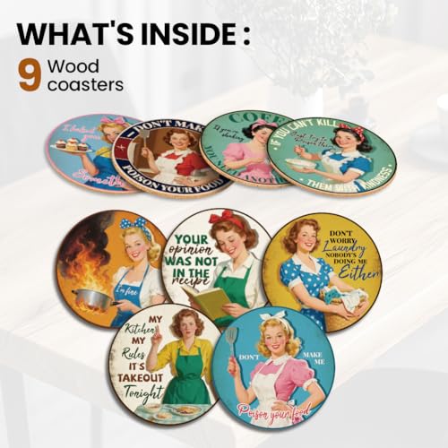 ANATTASOUL Retro Housewife Wooden Coasters Set of 9 Bulk(3.9") - style: Retro Housewife