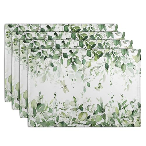 Sage Green Leaf Placemats Set of 4 Eucalyptus Leaves Place Mats 12×18 Inch Spring Summer Rustic Vintage Farmhouse Washable Linen Fabric Table Mats for Party Kitchen Dining Outdoor Indoor Decor - color: Eucalyptus Leaves