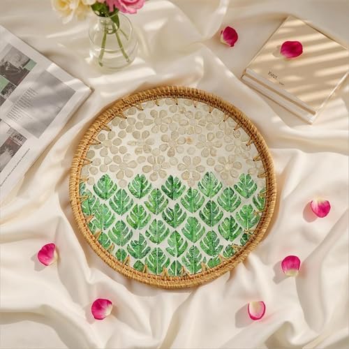 13.8" Round Mother of Pearl Inlay Rattan Forest Green Design Serving Tray - color: Forest Green