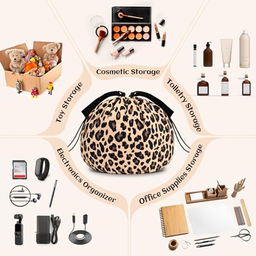 Funny Leopard Drawstring Makeup Bag, Travel Toiletry Cosmetic Organizer - color: C-LeopardPrint