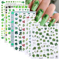 11 PCS St. Patrick's Day Nail Art Stickers 3D Self-Adhesive Green Shamrock Nail Decals Green Leaf Shape Clover Sticker DIY Spring Holographic Designs Manicure Decoration Nail Supplies for Women - style: Green Leaves