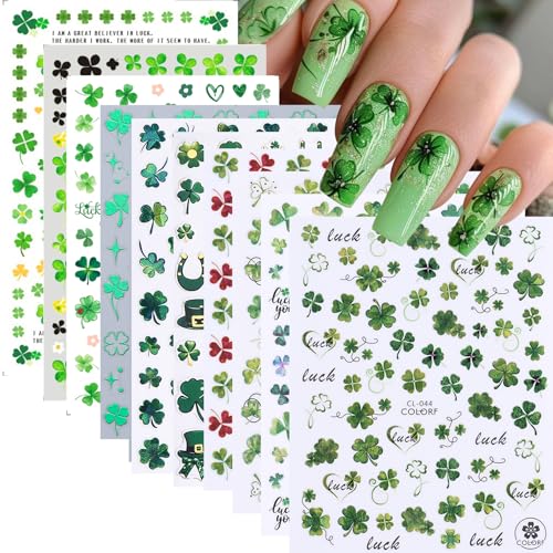 11 PCS St. Patrick's Day Nail Art Stickers 3D Self-Adhesive Green Shamrock Nail Decals Green Leaf Shape Clover Sticker DIY Spring Holographic Designs Manicure Decoration Nail Supplies for Women - style: Green Leaves