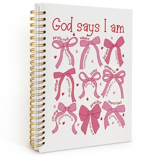 Bible Journal for Women, Christian Prayer Journal Pink Notebook Gifts for Teen Girls Kids, Bible Study Supplies, Coquette Preppy Bows Cute Church Faith Journaling Hardcover Spiral Notebook 5.5x8.3 - color: Pink Bow - God says I am - 1