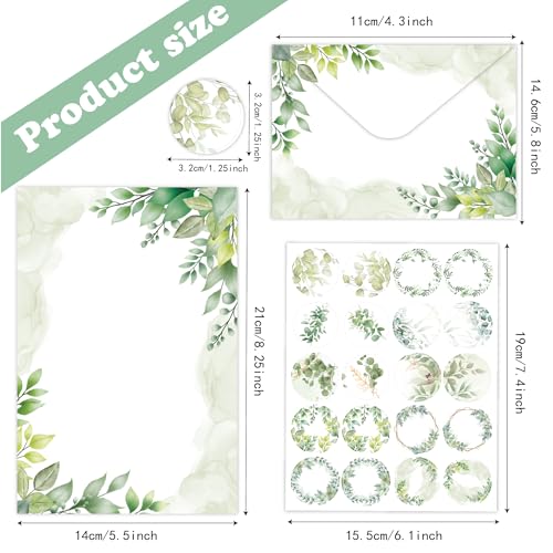 Stationery Paper Envelopes Set 160 Pcs - 50 Lined Writing Paper, 50 Envelopes, 60 Dot Stickers, Vintage/Floral/Leaf/Watercolor Multi-Style Options (STATIONERY-160PCS-LEAF) - style: Leaf