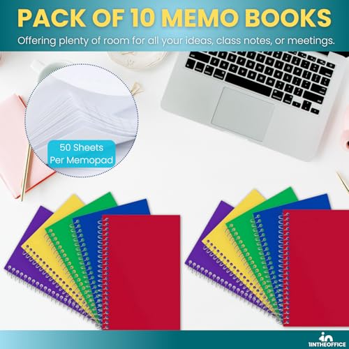 1InTheOffice Wirebound Spiral Memo Books, Memo Pads, 4" x 6", College Ruled, Small Notepad 4x6, Assorted, 50Sheets/Pad, 10 Pads/Pack