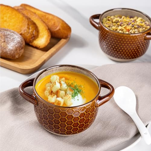 GBhome 22 Ounces Soup Bowls with Large Handles and Lids, Stoneware Bowls Set of 4 with Spoon for Soup, Cereal, Stew, Colourful Ceramic Kitchen Bowls, Microwave&Dishwasher Safe, Caramel - color: Caramel