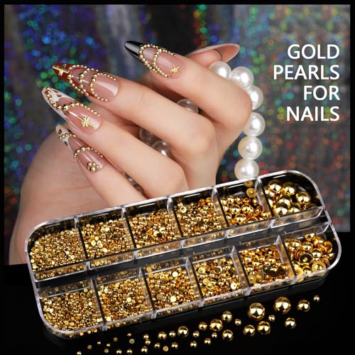 Teentior Nail Charms Gold Rhinestones for Nails with 15 Sheets Gold Nail Stickers, 6 Boxes Nail Gems Pearls for Nails, Cross Nail Charms for Nails Design Nail Art Rhinestones, Caviar Beads for Nails - color: Gold