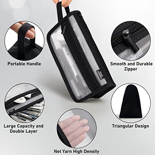 Four Candies Grid Mesh Pencil Case, Clear Double-layer with Handle (Black) - color: Black