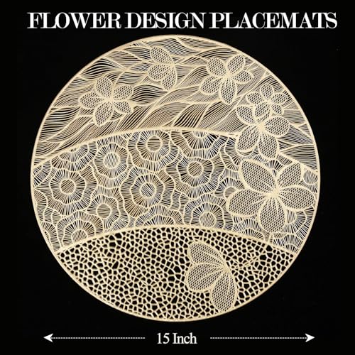 Quantum Love Round Vinyl Placemats Set of 6 Gold Butterfly Hollow Out Washable Place Mats Non Slip Heat Resistant Table Mats for Dining, Wedding, Birthday, Party, Tables Decor - color: Gold Butterfly and Flower
