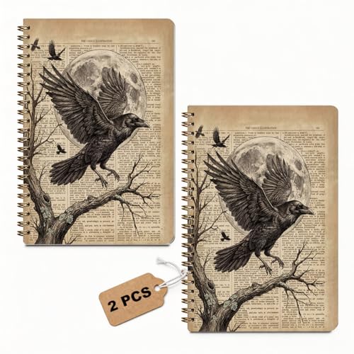 2 Pcs Vintage Crow A5 Spiral Notebook Journal Dark Crow Gifts for Women Men - color: Multicolour 0170