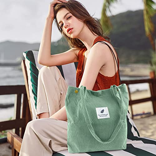 Ayieyill Corduroy Tote Bag for Women Canvas Shoulder Cord Purse with Inner Pocket - color: Pea Green