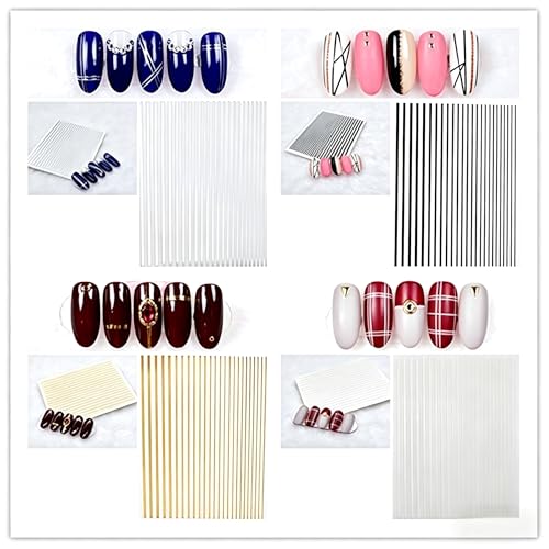 4 Colors ins Minimalist Style Nail Stickers,French Line Nail Art Sticker for Man Woman (4 Sheets)+Nail Sticker Specialized Tweezers - style: French Lines