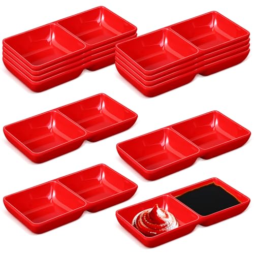 Gejoy 12 Pcs Dual Dipping Sauce Bowls Soy Sauce Dish Bowls, Red - color: Red