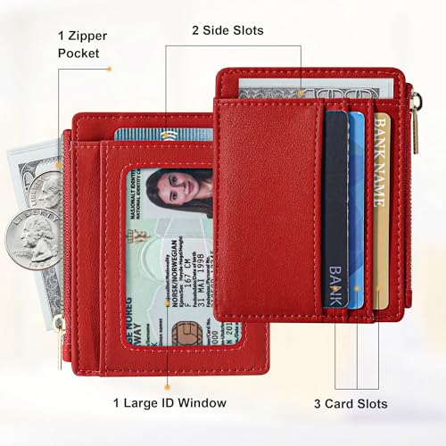 Sodsay Card Case Slim Front Pocket Wallet for Women Credit Card Holder with Keychain | Slim, Credit Card Holder, Front Pocket, with Keychain - color: Smooth Red Classic