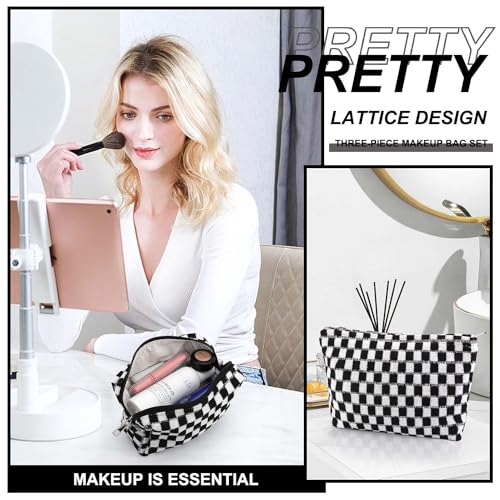 EIMMBD Makeup Bag 3 Pieces Large Capacity Checkered Cosmetic Bags Travel Toiletry Bag Organizer Cute Makeup Pouch Storage for Women(Black) - color: Black