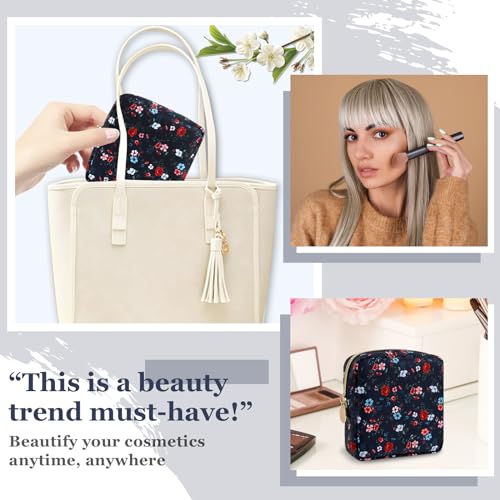 Nylon Mini Floral Makeup Bag for Purse, Small Cute Makeup Bag Preppy Cosmetic Zipper Pouch Purse, Waterproof Travel Coin Pouch Sanitary Napkin Storage Bag Makeup Organizer for Women(Navy Blue-Flower) - color: Navy Blue-Flower, size: Mini